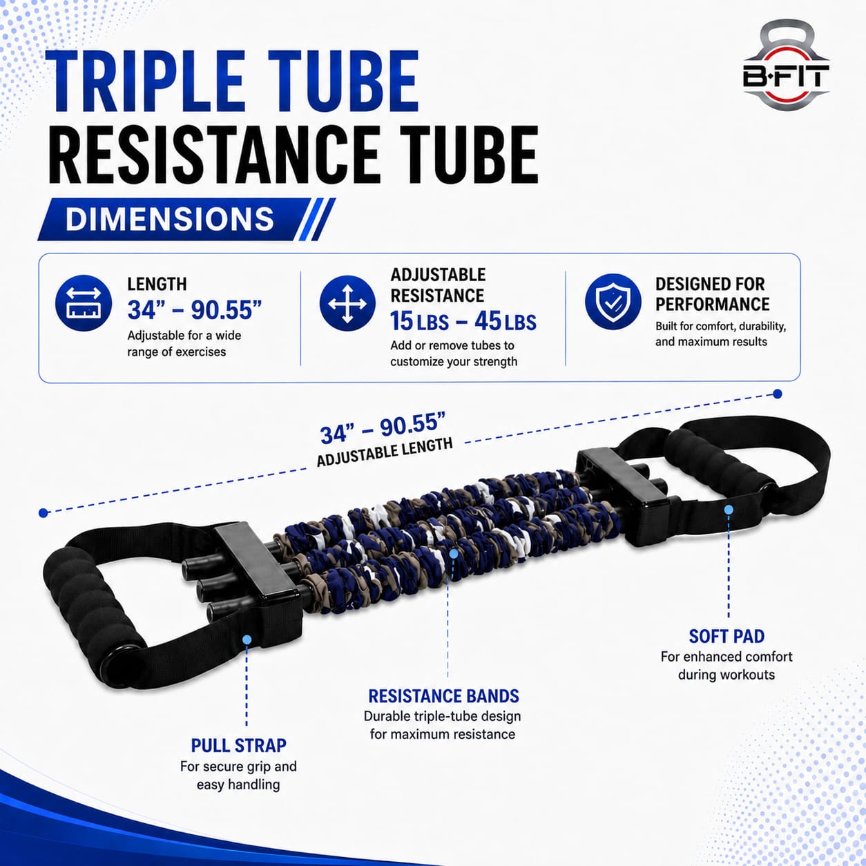 B Fit Natural Latex 3-Hole Resistance Stretcher New Chest Expander Stretch Bands for Men High Elasticity Tear Resistant Exercise Bands with Handles Full-Body Basic Training