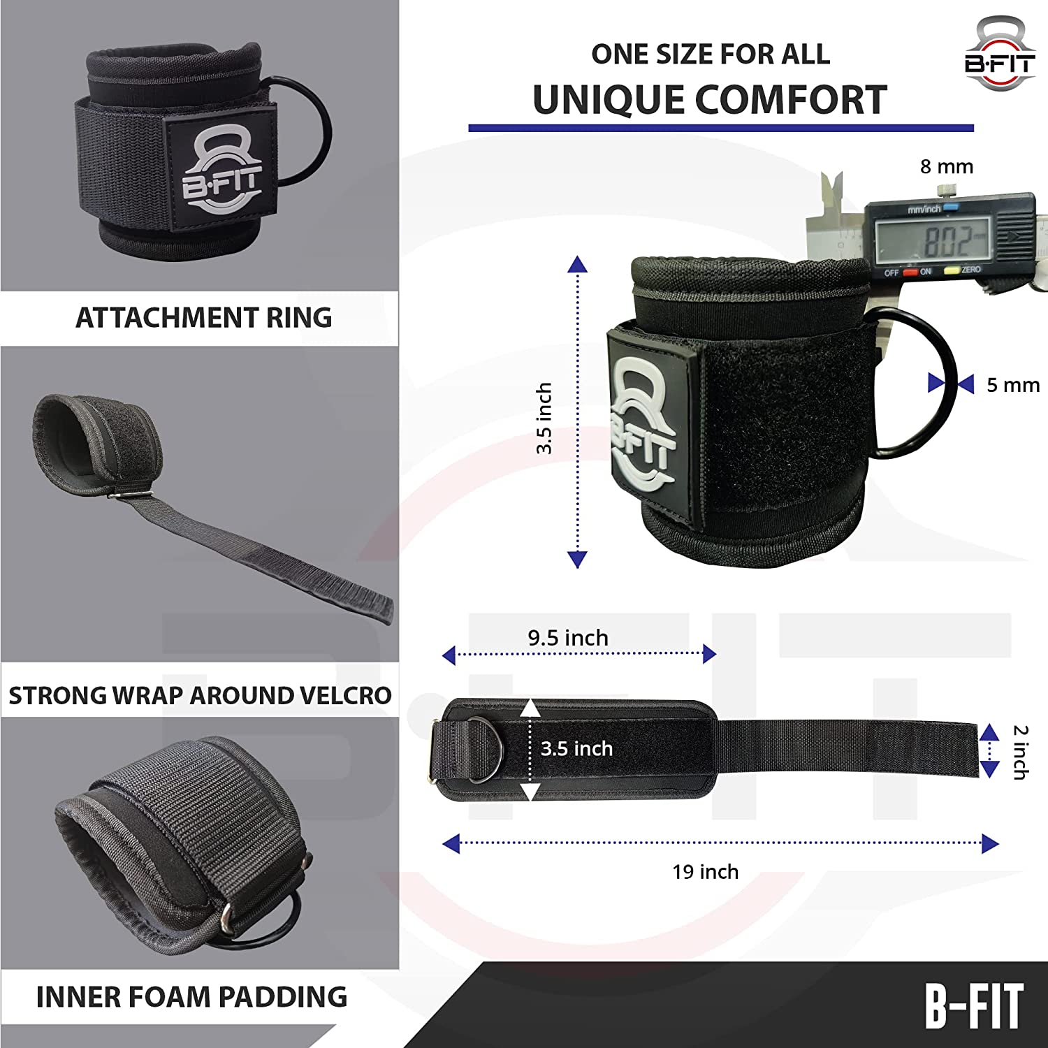 B Fit Ankle Strap Neoprene Padded Fitness Wrist Cuff with D Ring High Strength Exercises Belt Gym Pulley Strap for Cable Machines One Pair