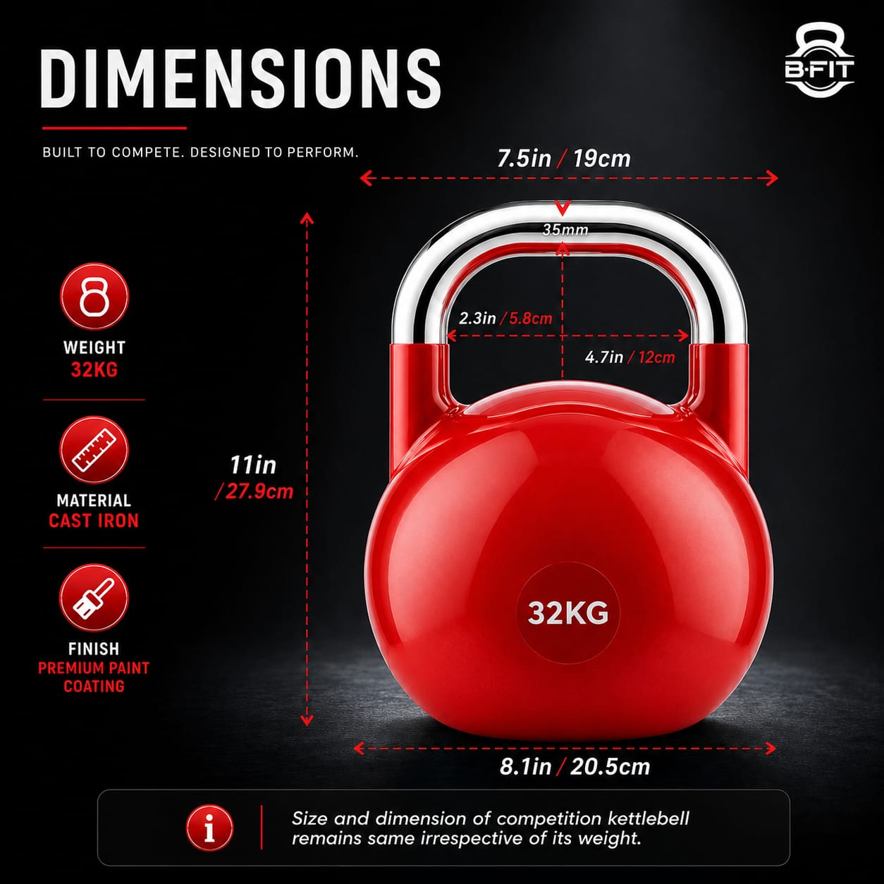 B Fit Competition Kettlebell 32 KG  Professional Grade Kettlebell for Fitness Weightlifting Core Training
