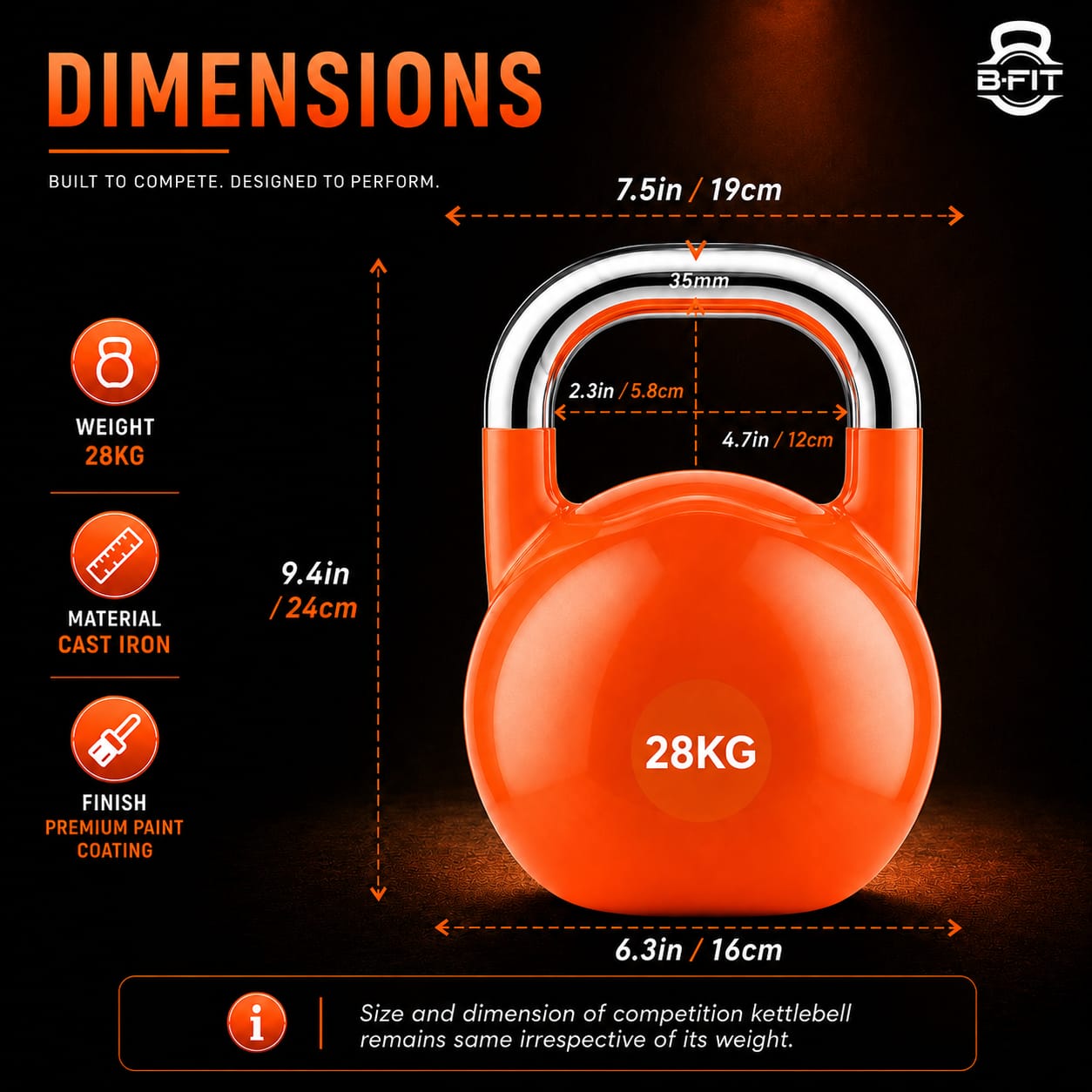 B Fit Competition Kettlebell 28 KG  Professional Grade Kettlebell for Fitness Weightlifting Core Training