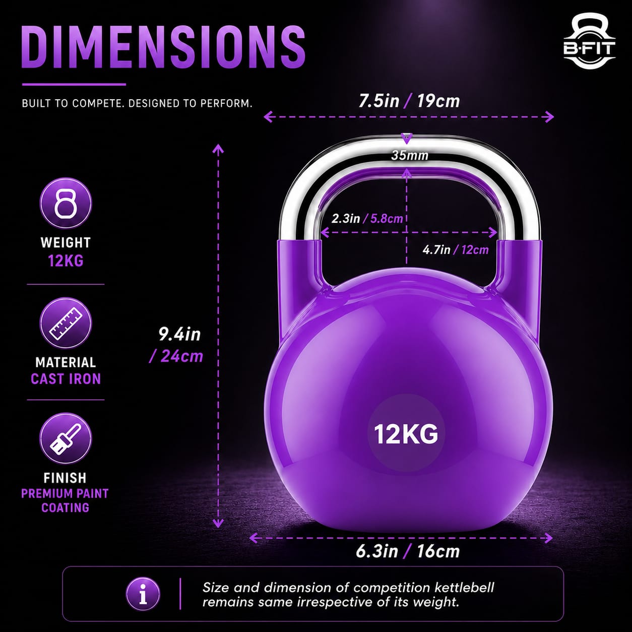 B Fit Competition Kettlebell 12 KG Professional Grade Kettlebell for Fitness Weightlifting Core Training