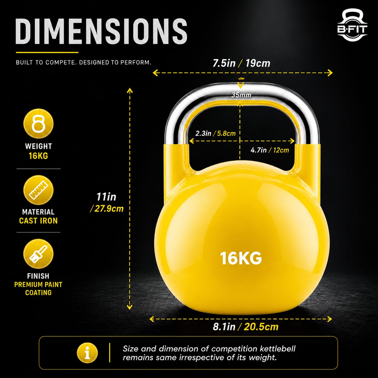 B Fit Competition Kettlebell 16 KG Professional Grade Kettlebell for Fitness Weightlifting Core Training