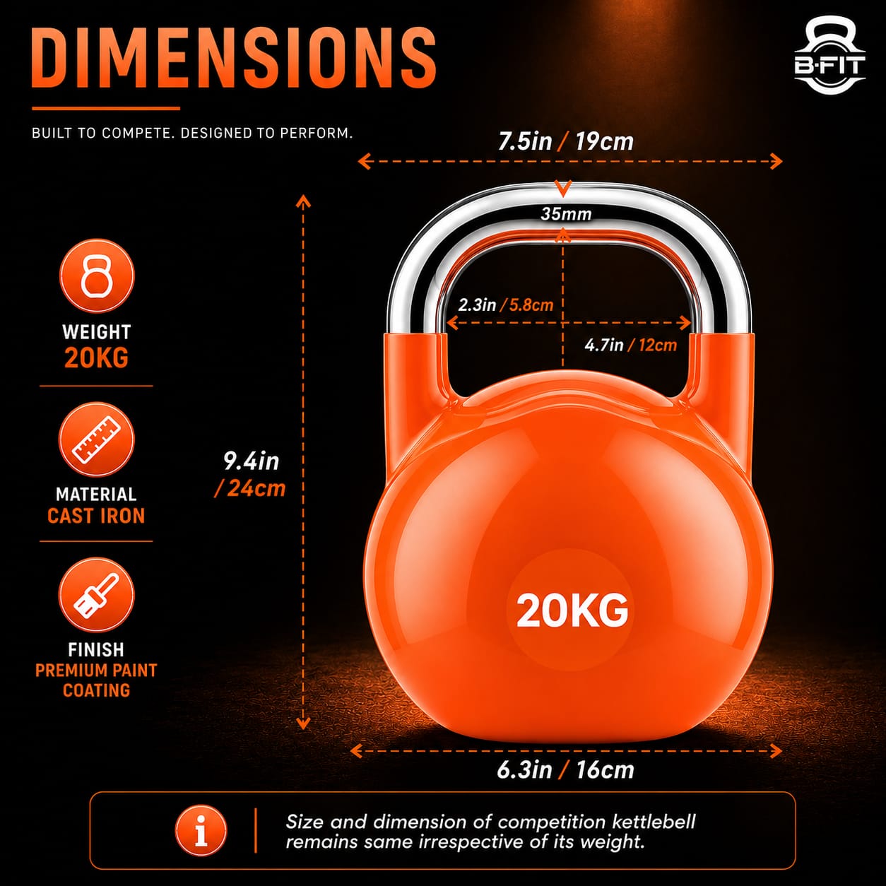 B Fit Competition Kettlebell 20 KG Professional Grade Kettlebell for Fitness Weightlifting Core Training