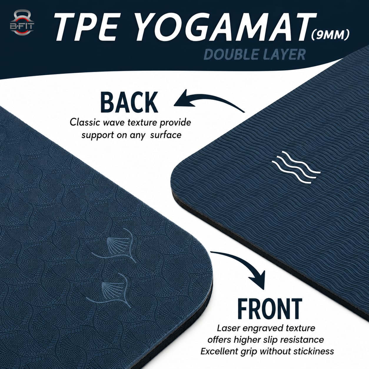 B Fit  Extra Wide 36x72 Inch 9 MM Thick Premium TPE Yoga Mat with Alignment Printed Dark Blue -Black  Color   - Classic Pro Yoga Mat Eco Friendly Non Slip Fitness Exercise Mat with Smart Carry Bag-Workout Mat for Yoga Pilates and Floor Exercises