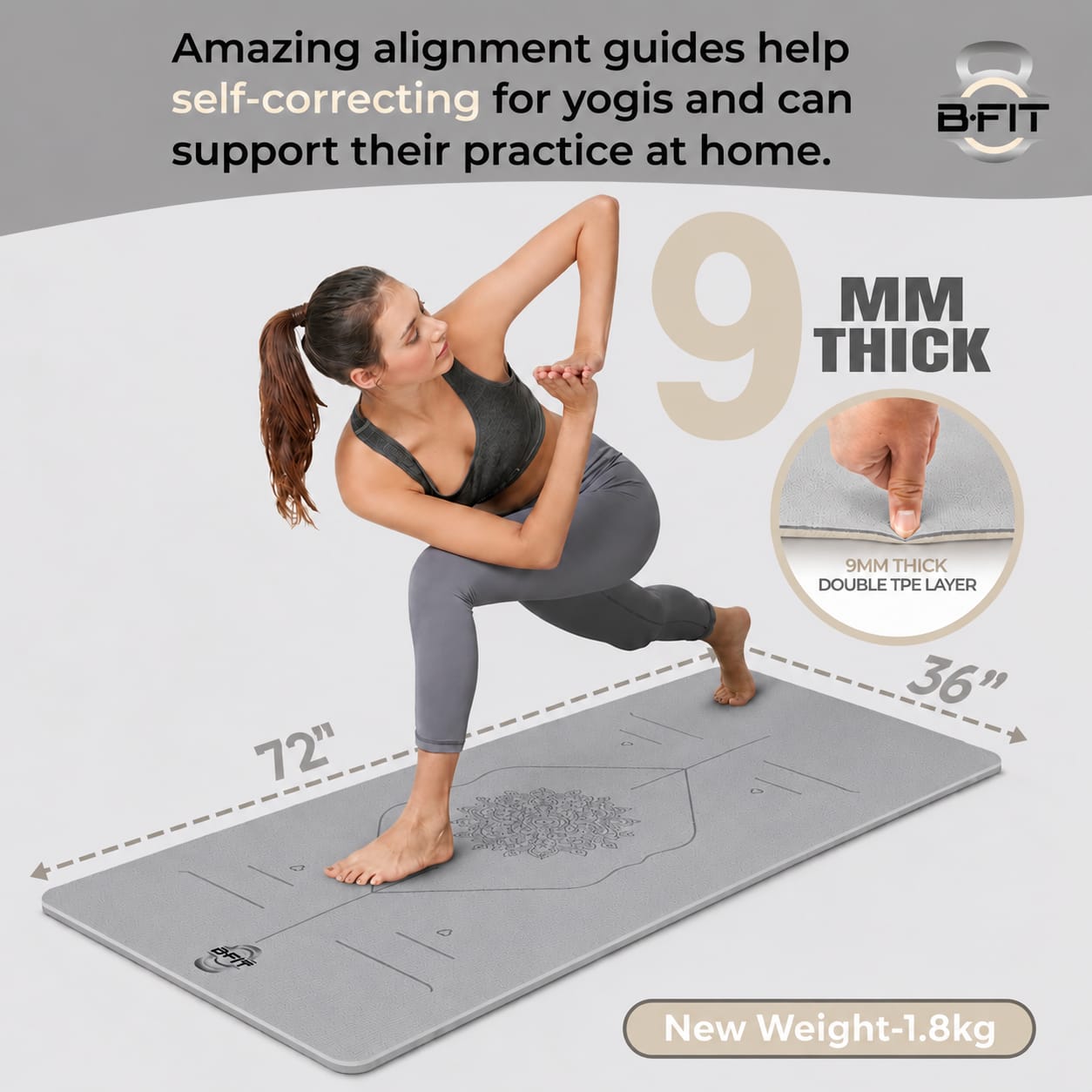 B Fit Extra Wide 36x72 Inch 9 MM Thick Premium TPE Yoga Mat with Alignment Printed Grey-Creame Color - Classic Pro Yoga Mat Eco Friendly Non Slip Fitness Exercise Mat with Smart Carry Bag-Workout Mat for Yoga Pilates and Floor Exercises
