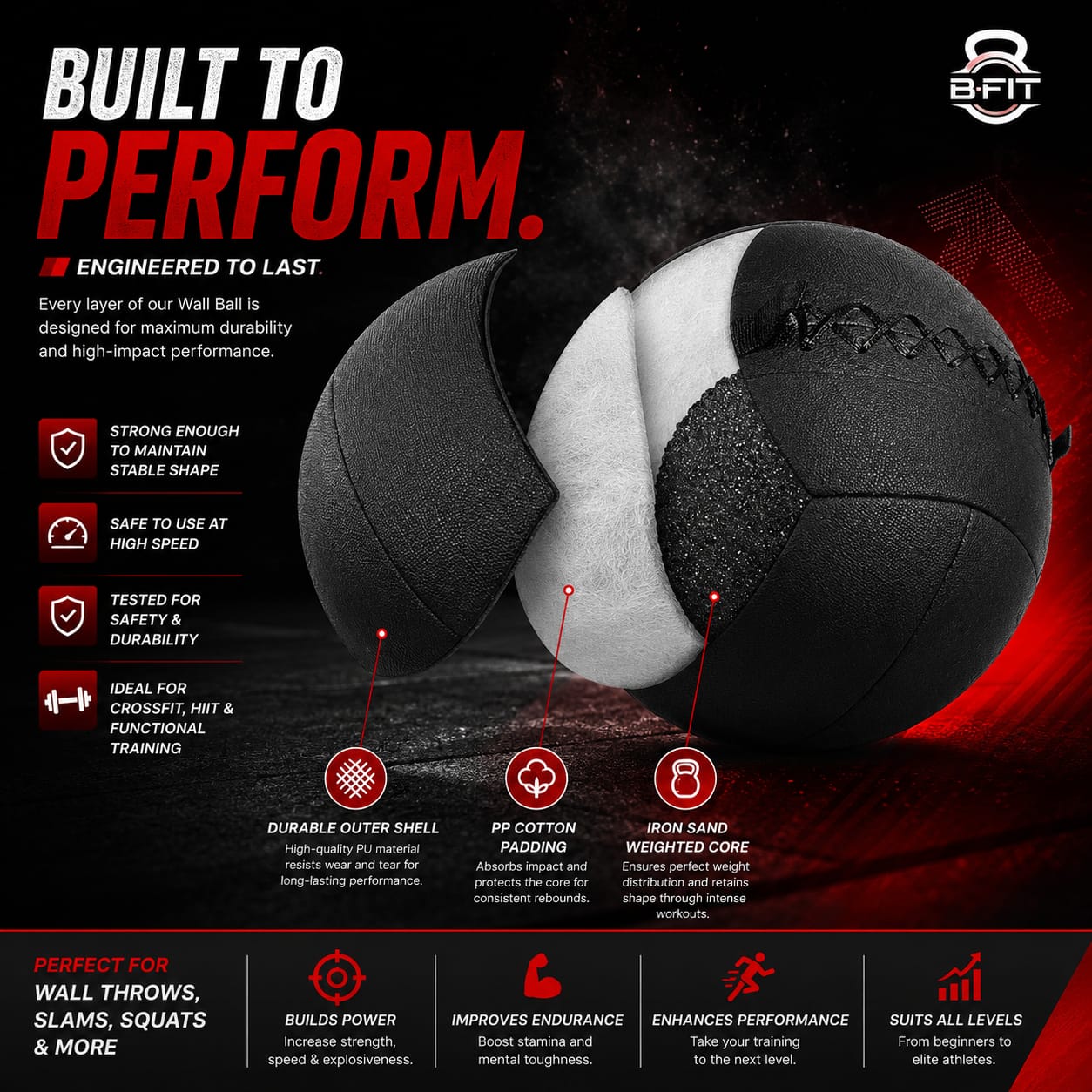B fit Wall Ball 8 Kg Weighted Exercise Ball for Dynamic Home Gym HIIT Workouts Build Strength Power Endurance Cardio Fitness Soft Leather Heavy Duty Material Comfortable Grip Balanced Weight