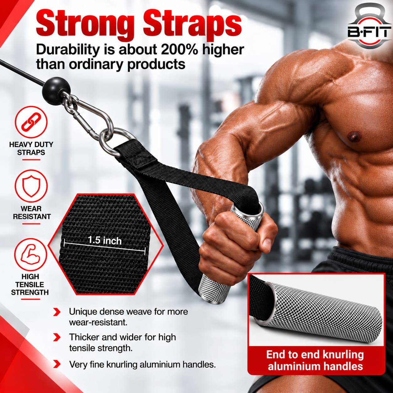 B Fit Heavy Duty Nylon Gym Handle with steel pipe and snap hooks 8MM Pair