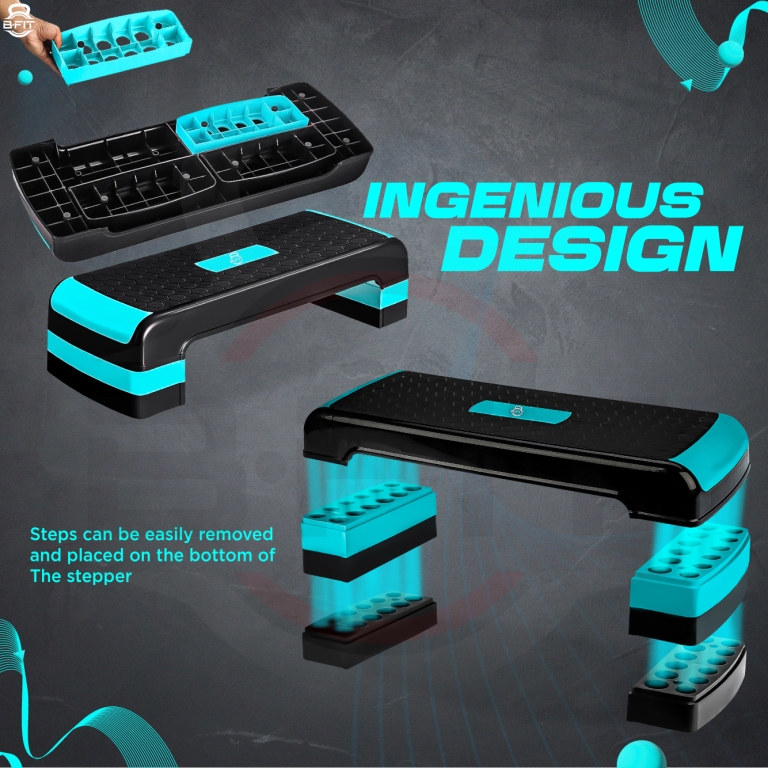 B Fit Adjustable Workout Aerobic Stepper in Fitness Exercise Step Platform Trainer 3 settings adjustable height 4-6-8