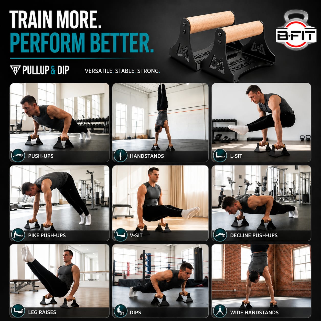B Fit Push Up Handles with Ergonomic Wooden Handles Heavy-Duty Steel - Beech Wood
