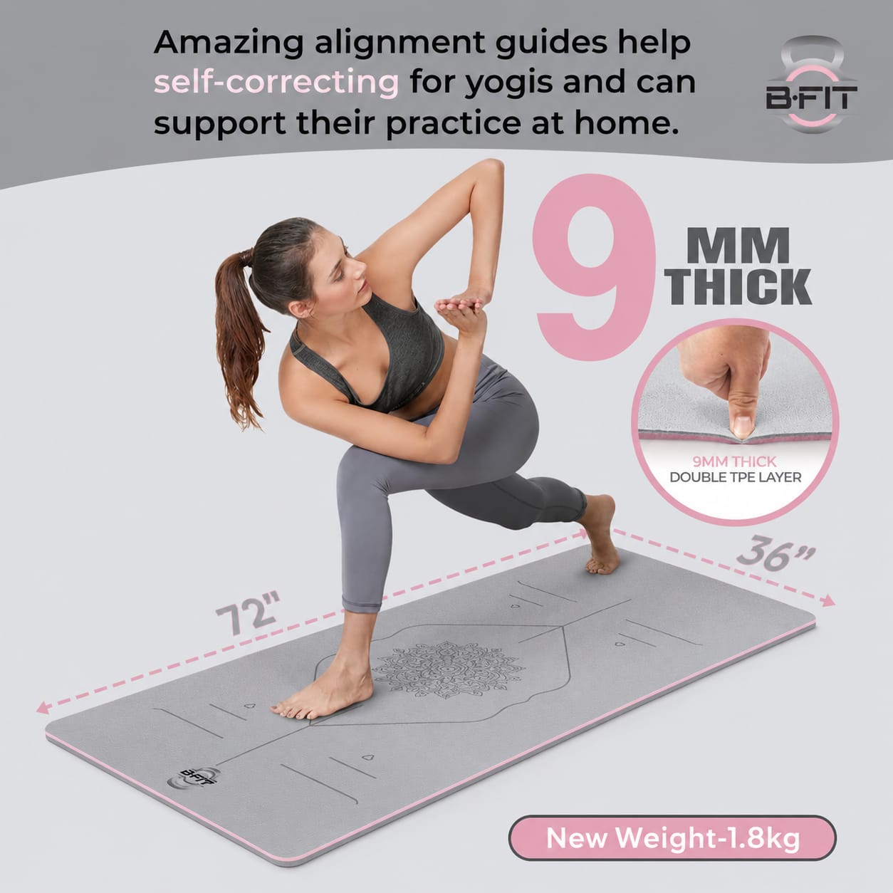 B Fit Extra Wide 36x72 Inch 9 MM Thick Premium TPE Yoga Mat with Alignment Printed Grey-Pink Color - Classic Pro Yoga Mat Eco Friendly Non Slip Fitness Exercise Mat with Smart Carry Bag-Workout Mat for Yoga Pilates and Floor Exercises