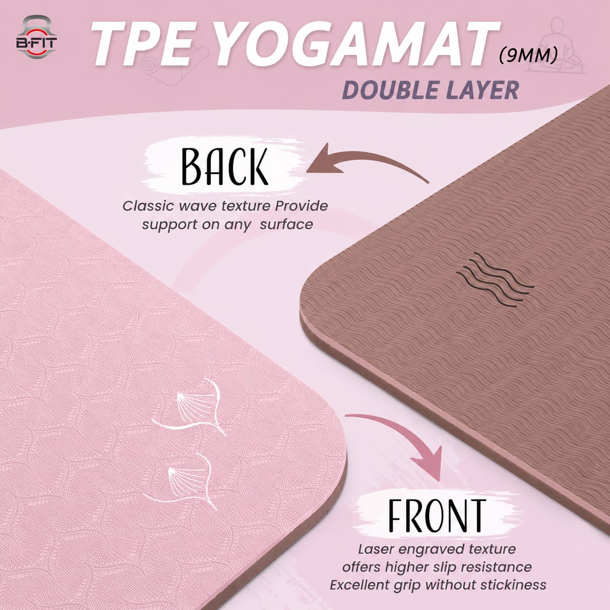 B Fit Extra Wide 36x72 Inch 9 MM Thick Premium TPE Yoga Mat with Alignment Printed Peach-Tan Color - Classic Pro Yoga Mat Eco Friendly Non Slip Fitness Exercise Mat with Smart Carry Bag-Workout Mat for Yoga Pilates and Floor Exercises