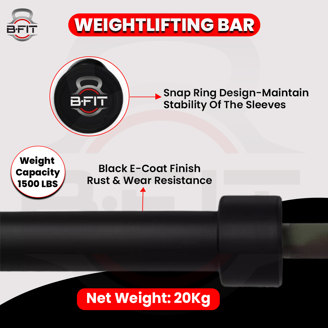 B Fit Olympic Barbell 7 Feet for Home Commercial Gym 1500-Pound Capacity With Collars
