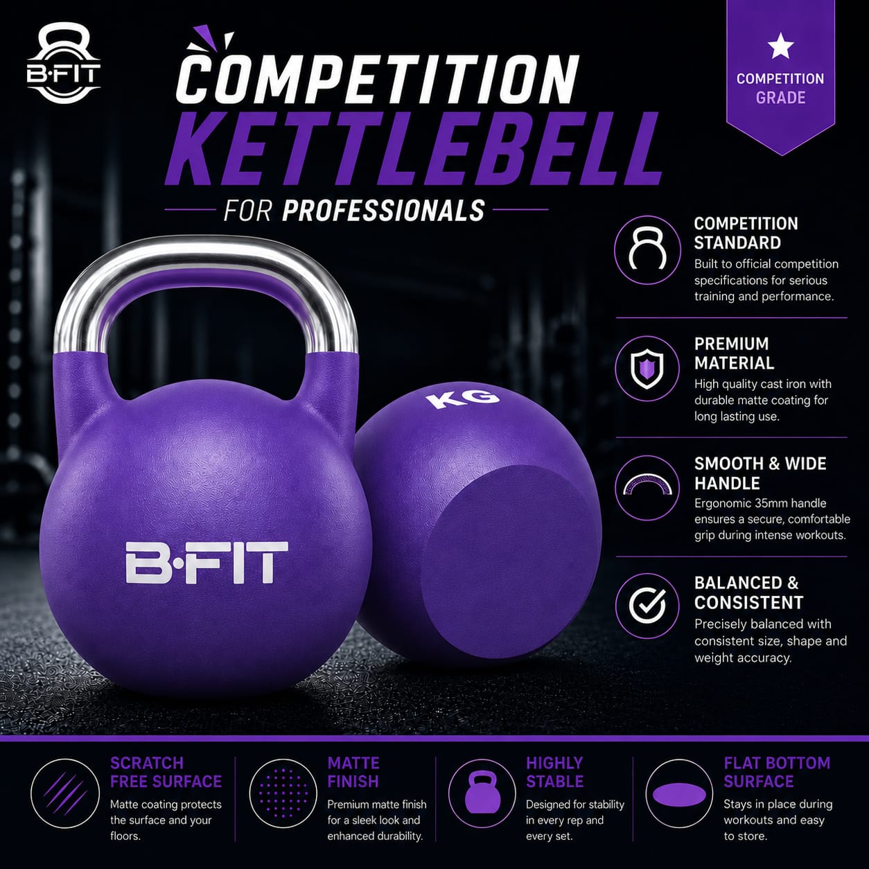 B Fit Matte Finish Competition Kettlebell 6 Kg Weight Workout Gym Equipment and Strength training sets for Women and Men for Home Gym - Suitable for Repetition Workouts
