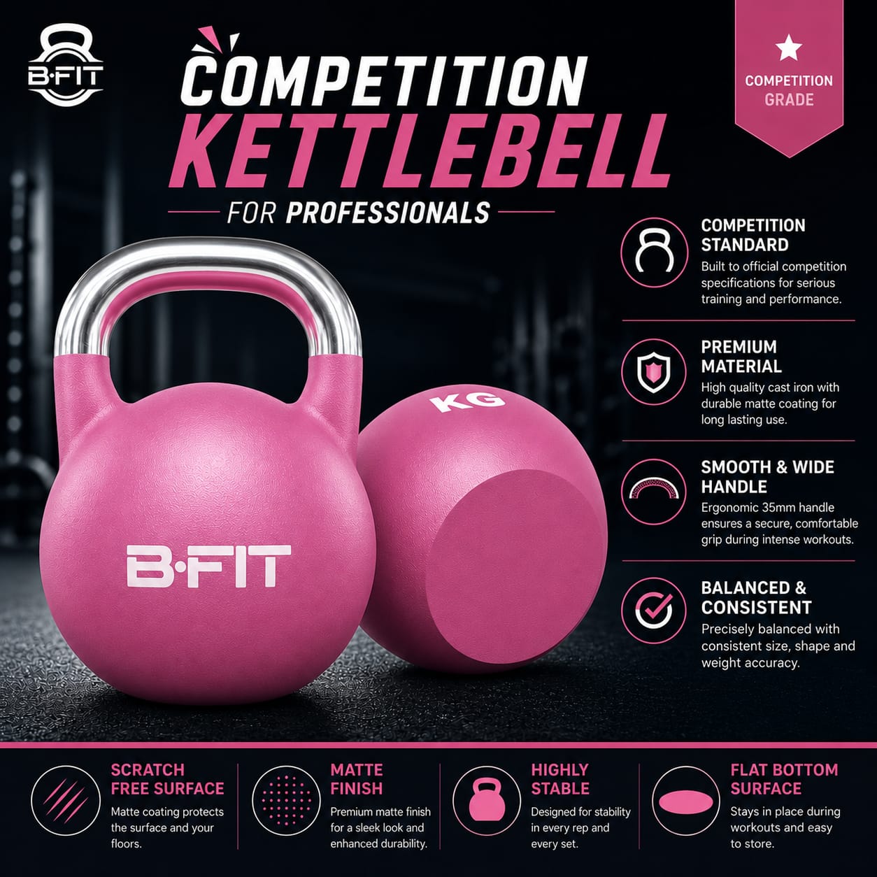 B Fit Matte Finish Competition Kettlebell 8 Kg Weight Workout Gym Equipment and Strength training sets for Women and Men for Home Gym - Suitable for Repetition Workouts