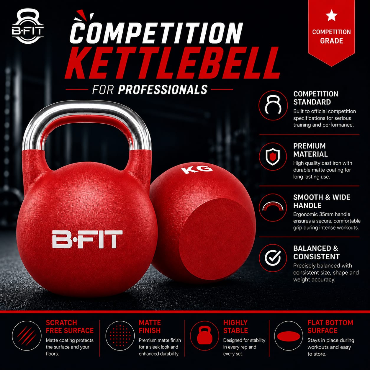 B Fit Matte Finish Competition Kettlebell 12 Kg Weight Workout Gym Equipment and Strength training sets for Women and Men for Home Gym - Suitable for Repetition Workouts