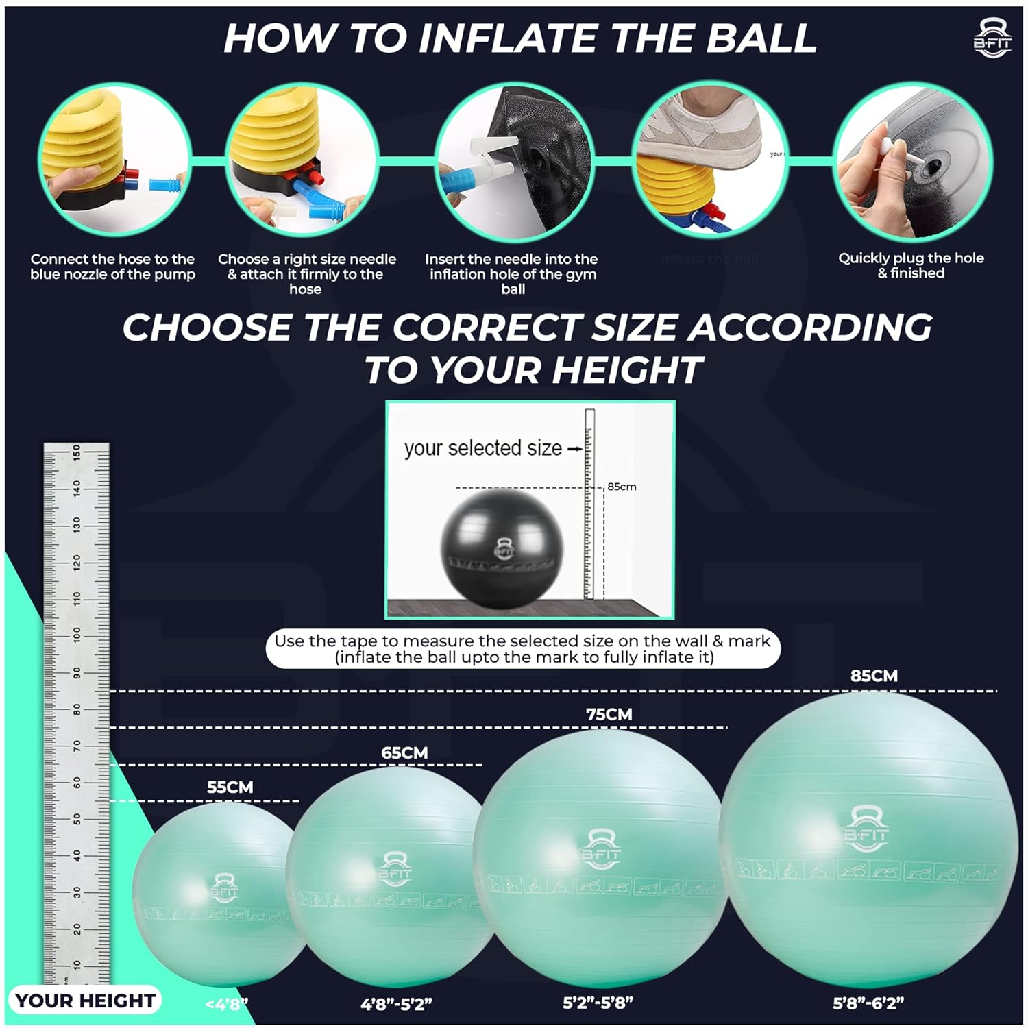 B Fit Exercise Printed Heavy Duty Teal Commercial Gym Ball 65-95 Cm- Non-Slip Stability Ball - Anti Burst Yoga Ball