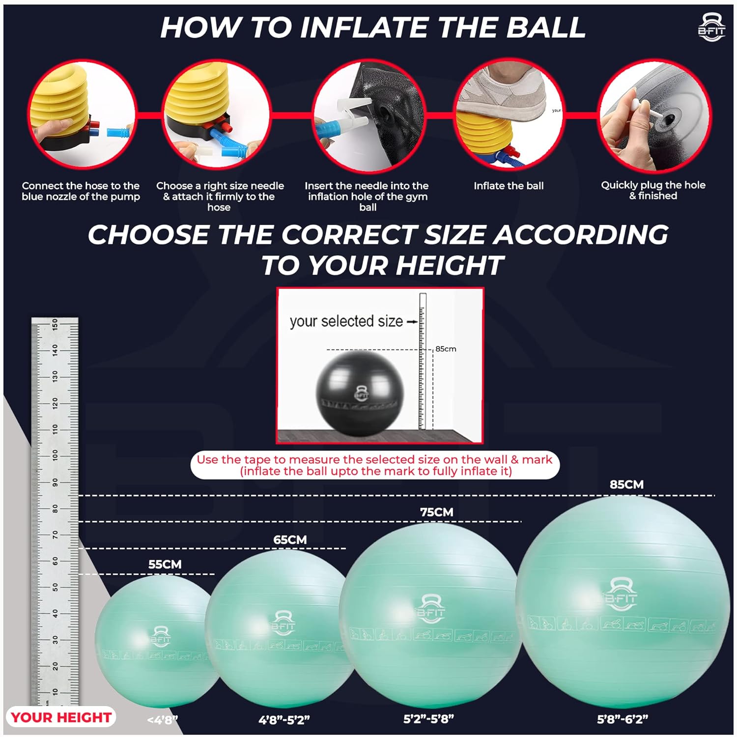 B Fit Exercise Printed Heavy Duty Silver Commercial Gym Ball 55-95 Cm - Non-Slip Stability Ball - Anti Burst Yoga Ball