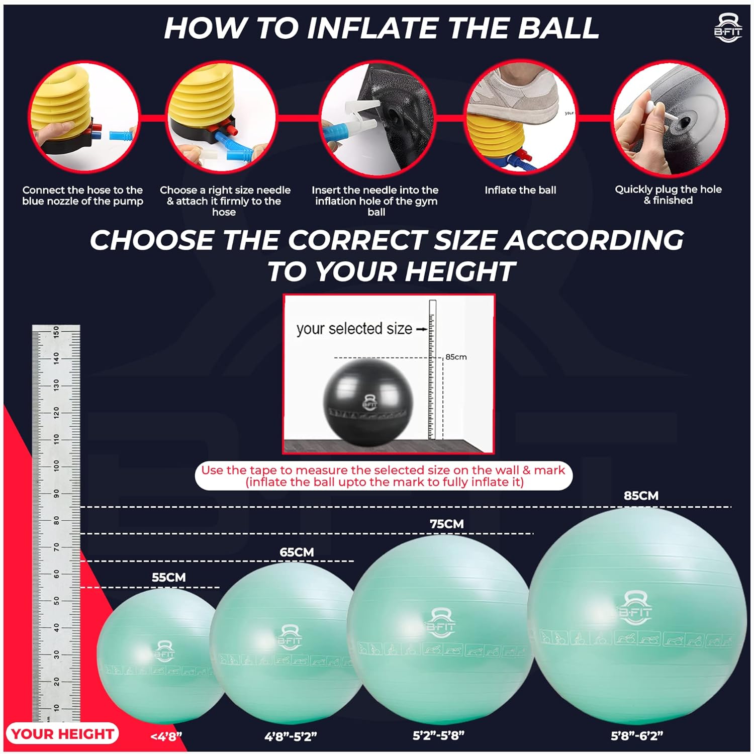 B Fit Exercise Printed Heavy Duty Black Commercial Gym Ball 55-95 Cm - Non-Slip Stability Ball - Anti Burst Yoga Ball