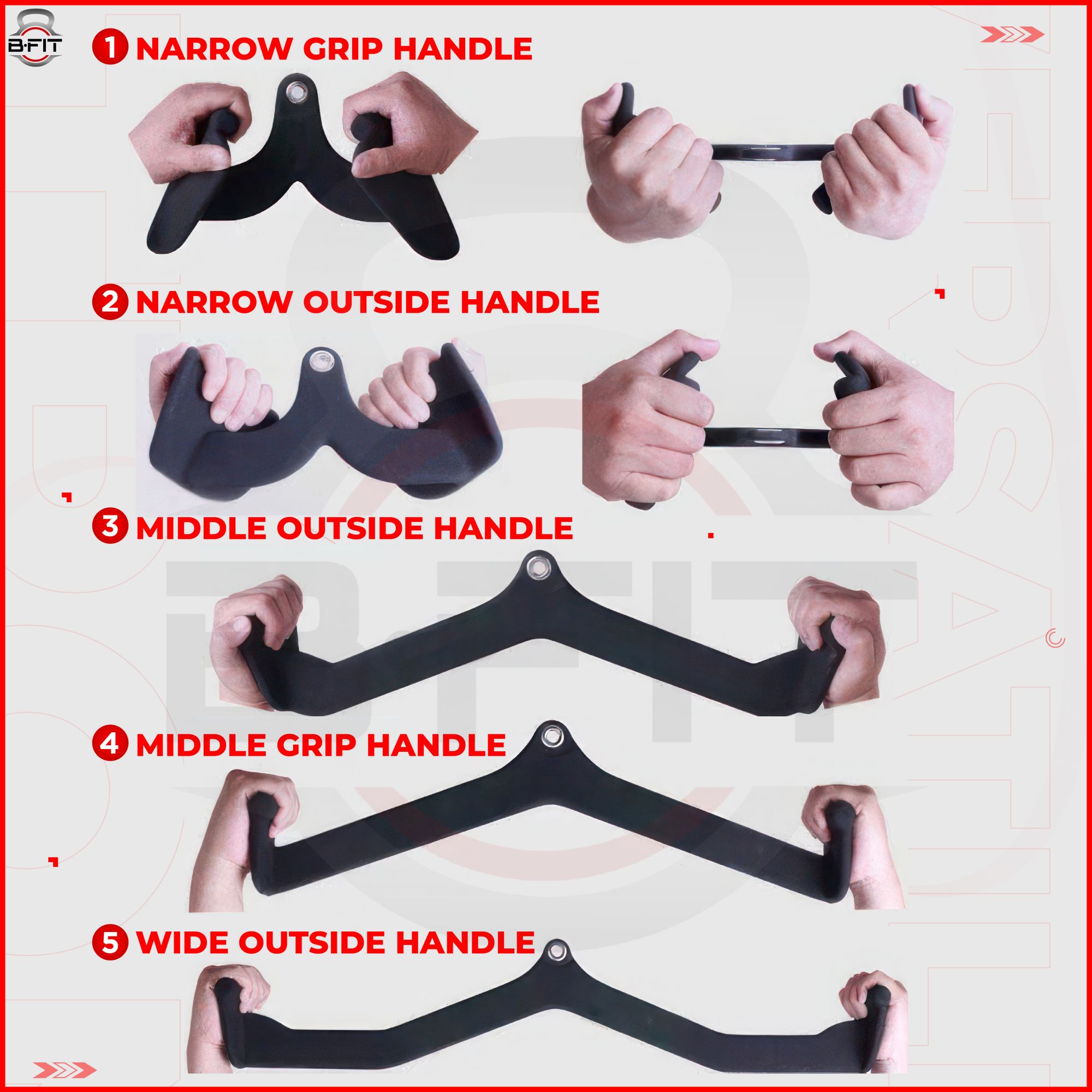 B Fit Mag Grip Set of 5 LAT Pull Down Bar for Cable Machine LAT Pulldown Attachments T Bar V Bar Cable Attachment Back Tricep Bar Strength Training Handle