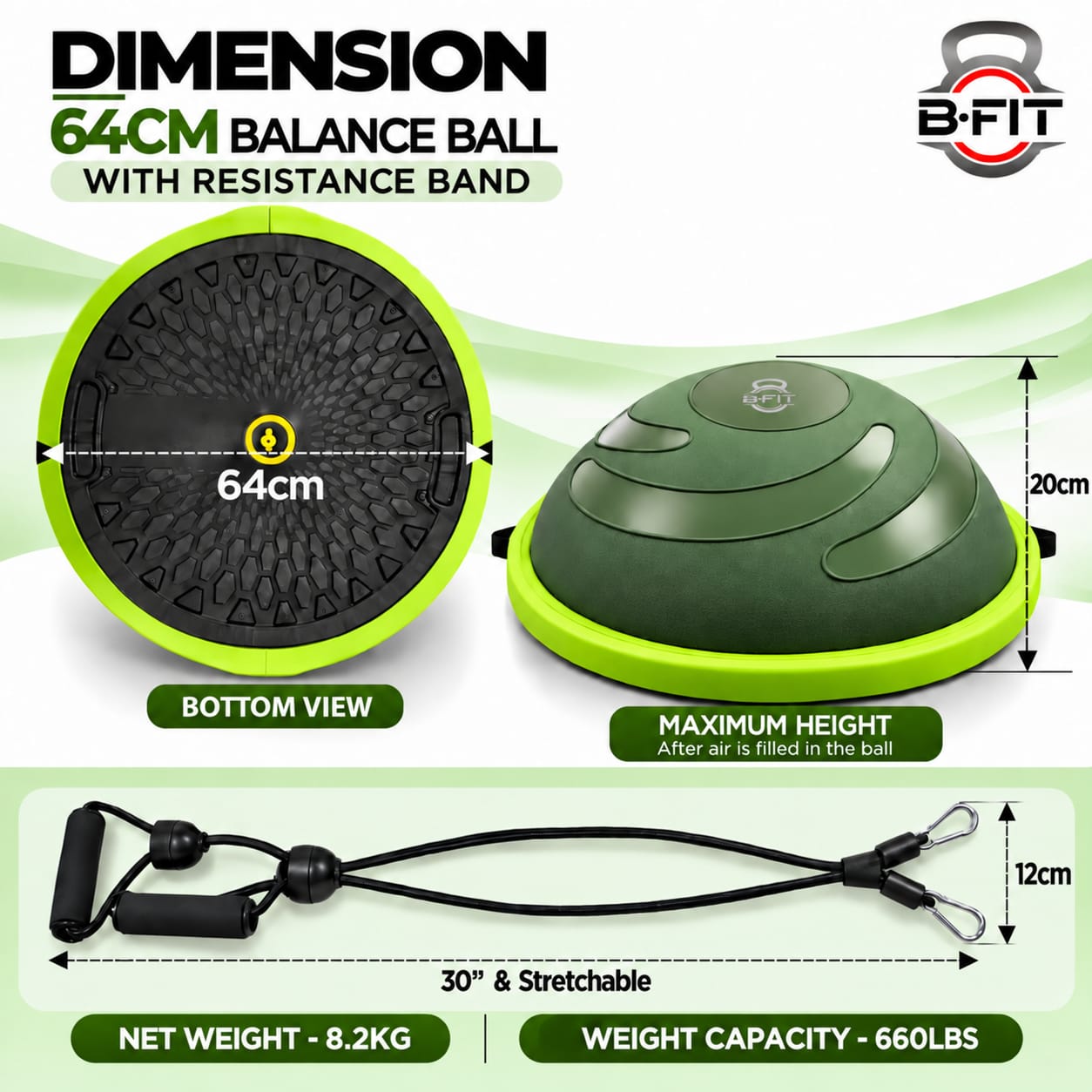 B FIT Balance Trainer Stability Half Ball  Bosu Ball  Green Color Size 64 Cm with Pump and Tubes