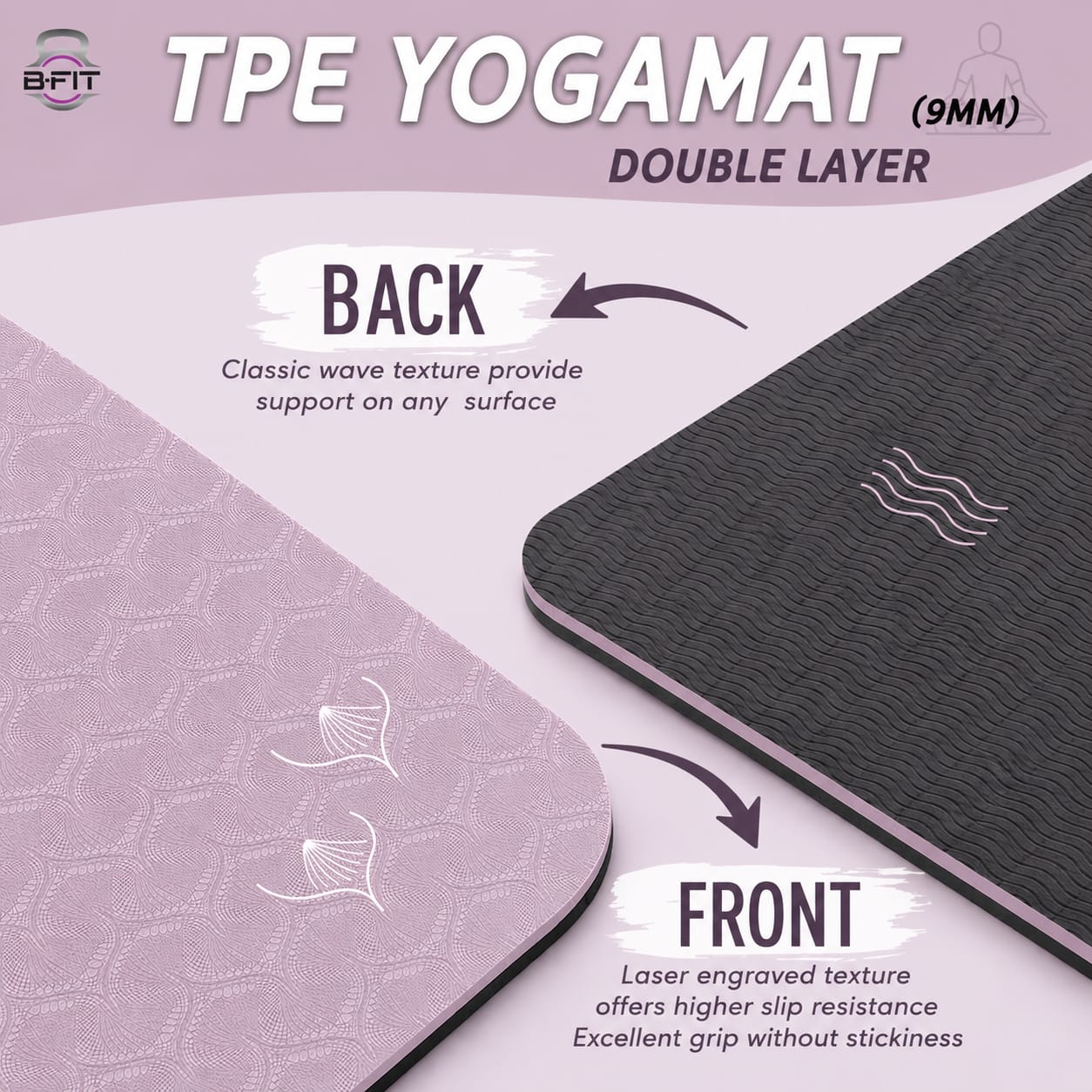 B Fit Extra Wide 36x68 Inch 9 MM Thick Premium TPE Yoga Mat with Alignment Printed Dark Purple-Black Color - Classic Pro Yoga Mat Eco Friendly Non Slip Fitness Exercise Mat with Smart Carry Bag-Workout Mat for Yoga Pilates and Floor Exercises