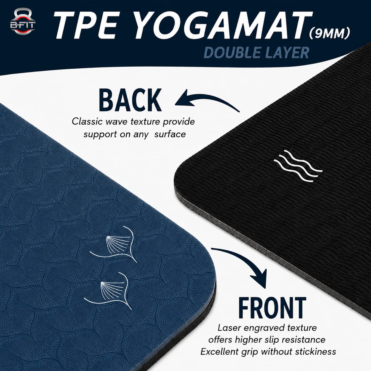 B Fit Extra Wide 36x68 Inch 9 MM Thick Premium TPE Yoga Mat with Alignment Printed Dark Blue -Black Color - Classic Pro Yoga Mat Eco Friendly Non Slip Fitness Exercise Mat with Smart Carry Bag-Workout Mat for Yoga Pilates and Floor Exercises