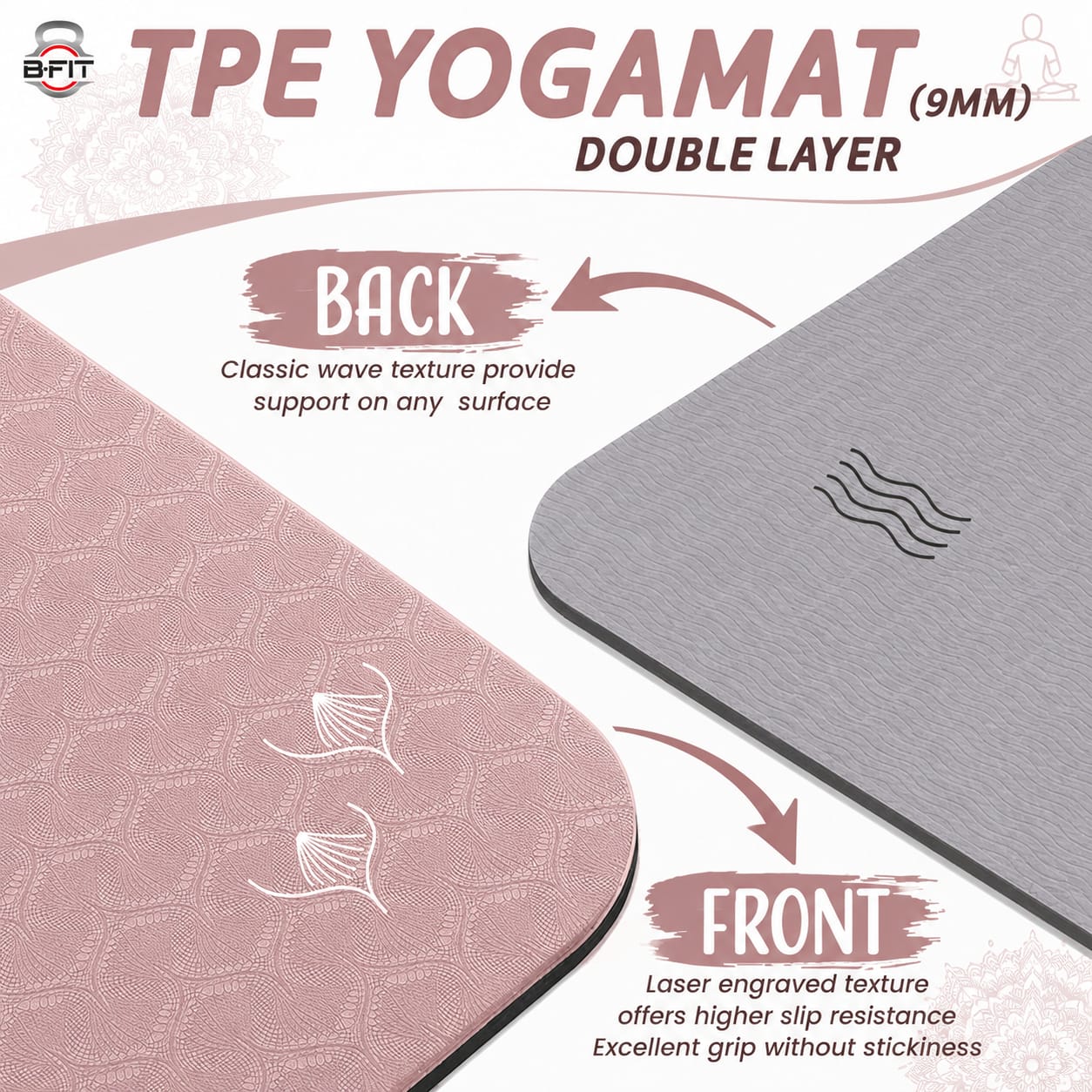 B Fit Extra Wide 36x68 Inch 9 MM Thick Premium TPE Yoga Mat with Alignment Printed Purple-Grey Color - Classic Pro Yoga Mat Eco Friendly Non Slip Fitness Exercise Mat with Smart Carry Bag-Workout Mat for Yoga Pilates and Floor Exercises