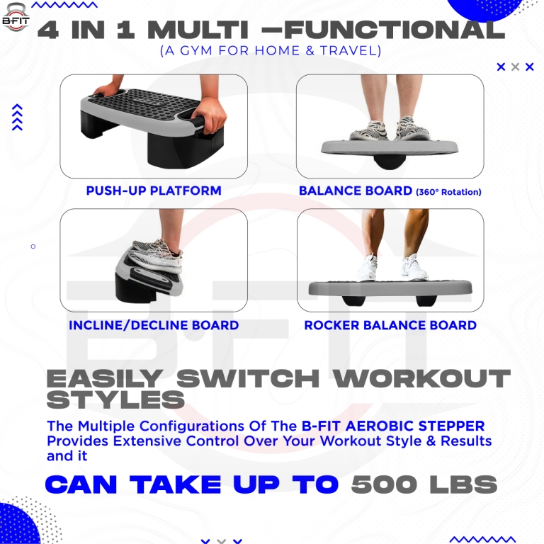 B Fit 4-In-1 Aerobic Step Platform - Adjustable Multifunctional Balance Board Steppers for Exercise Stepper Platform - Home Workout Step Up Exercise Step Platform For Balance Gym Class Non Slip