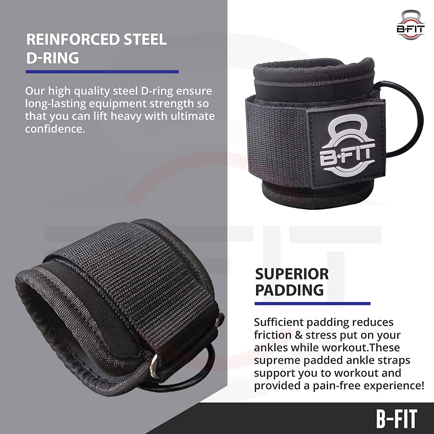 B Fit Ankle Strap Neoprene Padded Fitness Wrist Cuff with D Ring High Strength Exercises Belt Gym Pulley Strap for Cable Machines One Pair