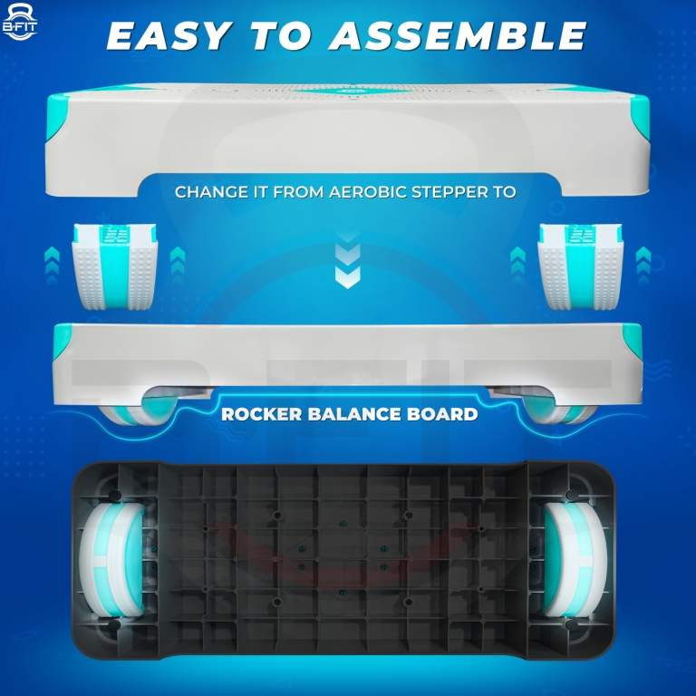 B Fit 2-in-1 Adjustable Aerobic Step Platform Fitness Exercise Stepper with Rocker Balance Board Legs for Home Workout Step Exercise Balance Training