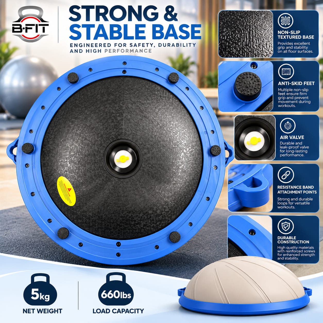 B FIT Balance Trainer Stability Half Ball  Bosu Ball Beige Colour 58 Cm with Pump and Tubes