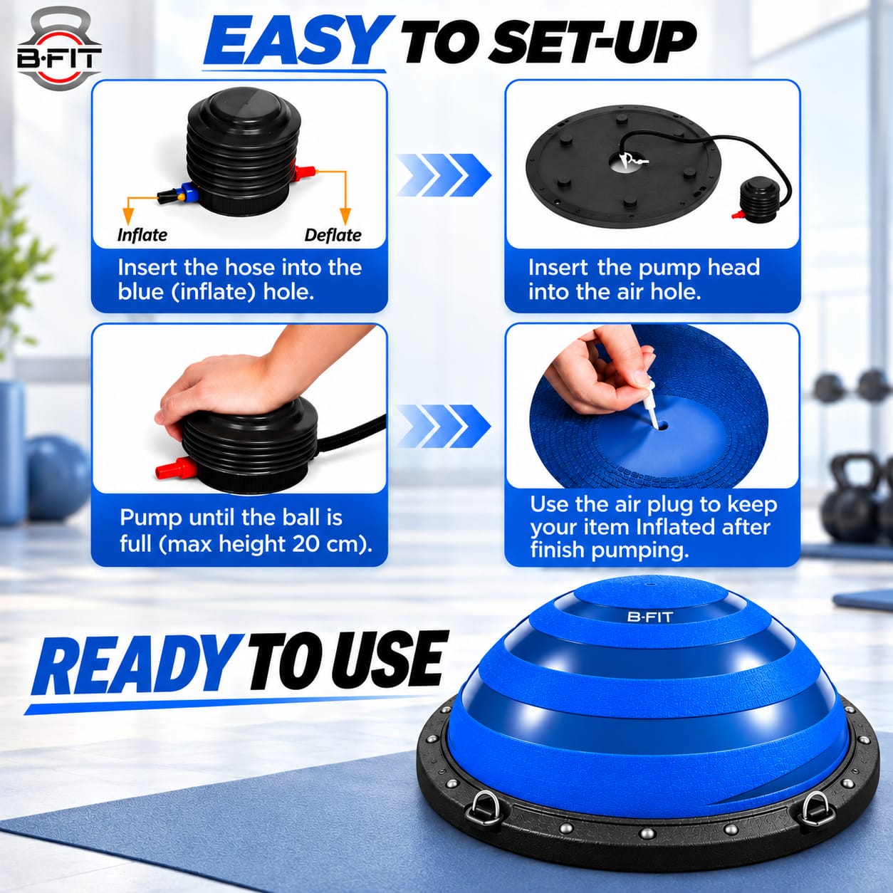B FIT Balance Trainer Stability Half Ball  Bosu Ball Blue Colour 60 Cm with Pump and Tubes