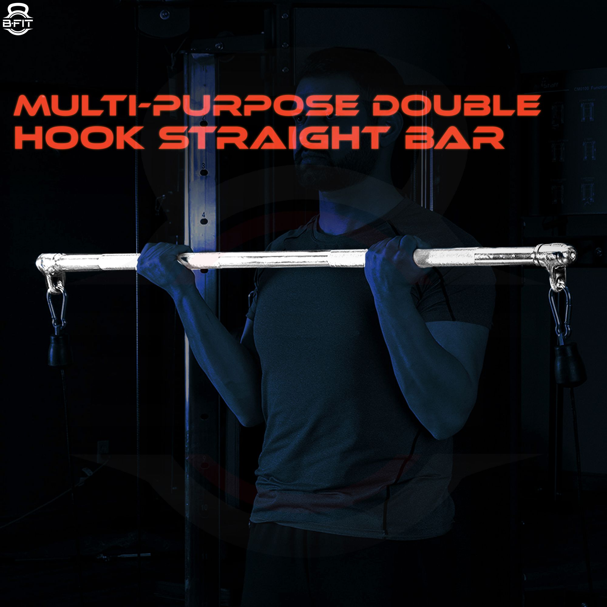 B Fit 48 Straight Lat Pull Down Bar with Revolving Double Hook for Dual Pulley Cable Machines Functional Trainer Multi-Purpose Attachment