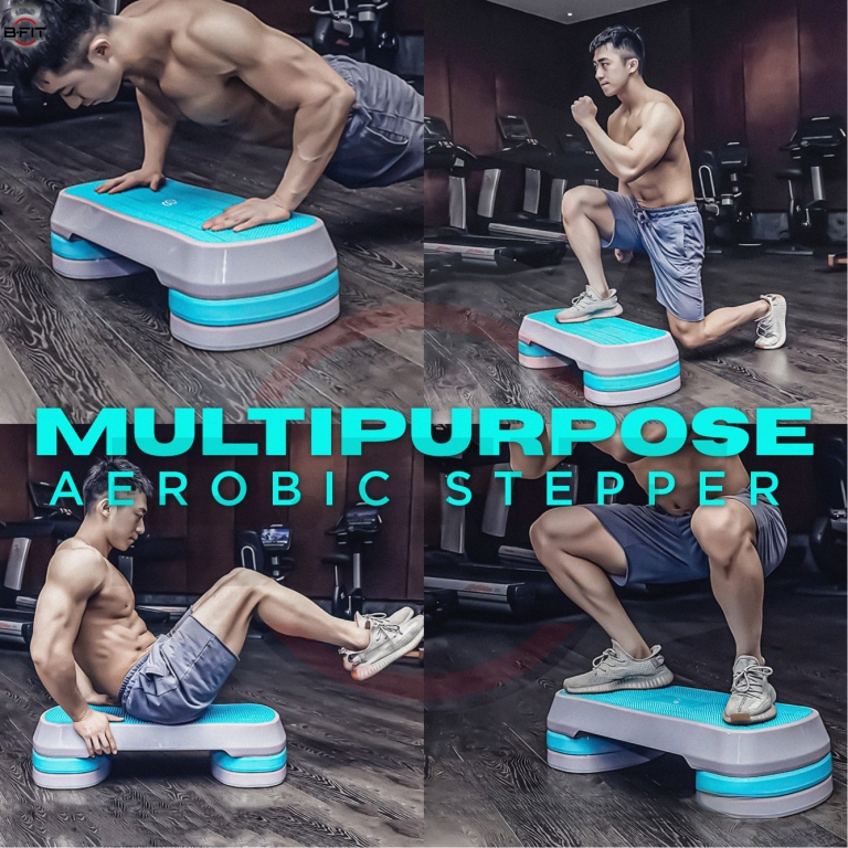 B Fit Aerobic Step Platform Workout Fitness Equipment Stepper Trainer Aerobic Step Platform with with 3 Riser Platform Non-Slip Surface Color Blue Size 85X35X21CM