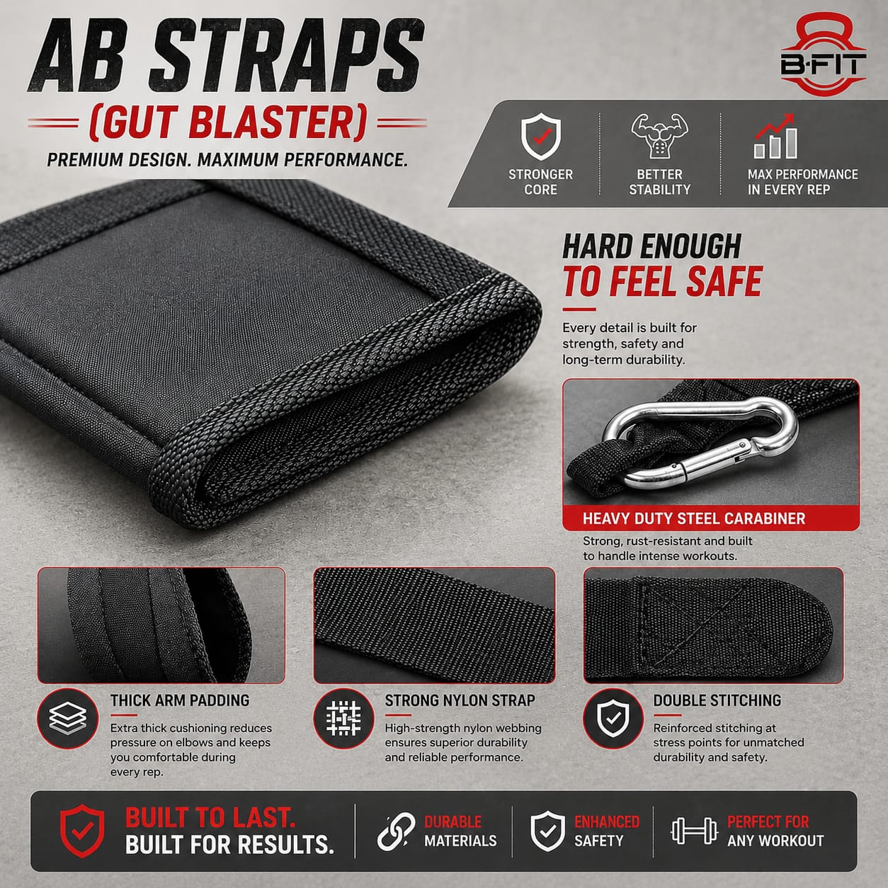 B Fit Fitness Hanging Close Loop Design Ab Straps for Pull Up Bar Core Strength Training - Soft Padded Exercise Straps for Ab Swing Leg Raises 2 Hang Bar Strap with 2 Steel Carabiners - Abs Equipment for Home Gym
