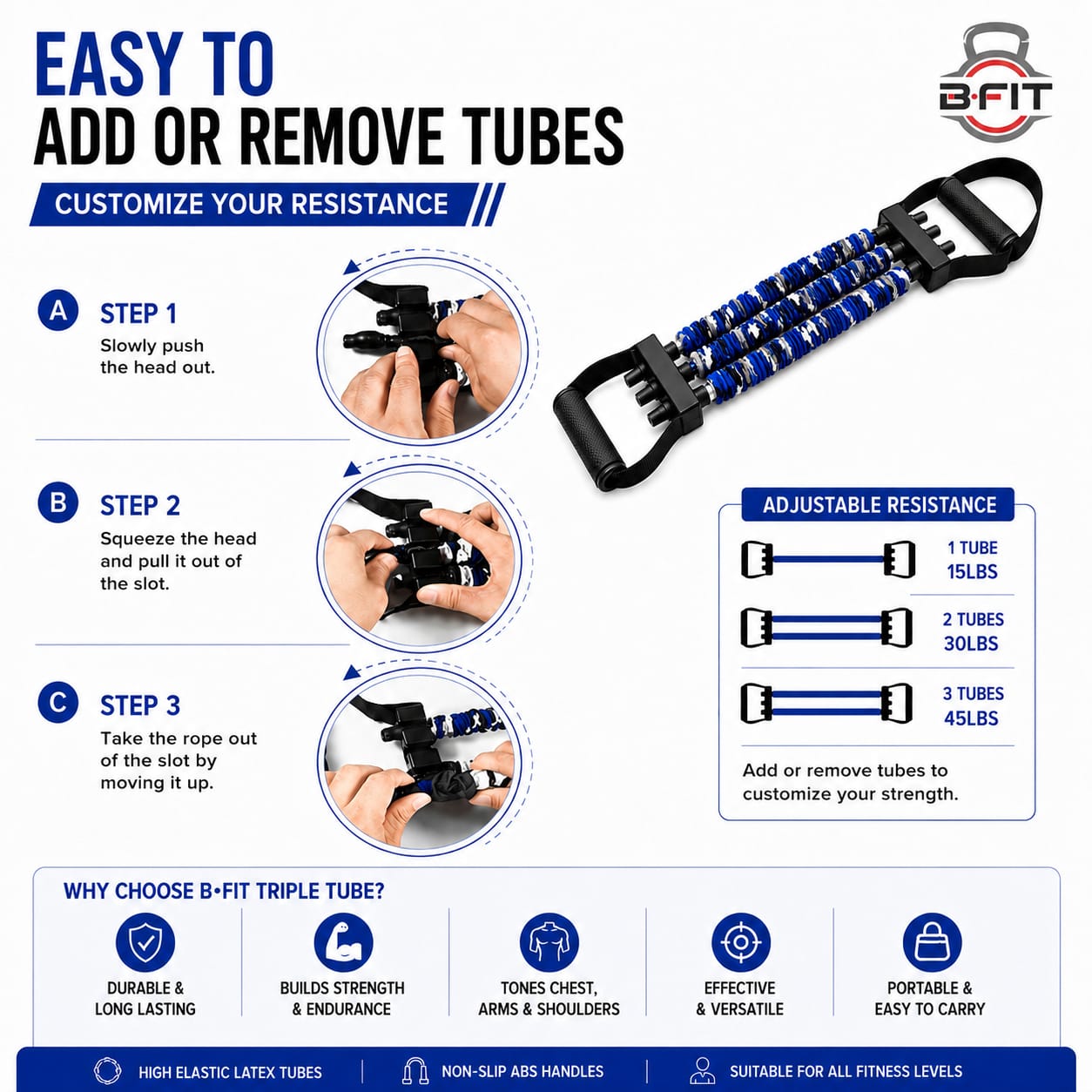 B Fit Natural Latex 3-Hole Resistance Stretcher New Chest Expander Stretch Bands for Men High Elasticity Tear Resistant Exercise Bands with Handles Full-Body Basic Training