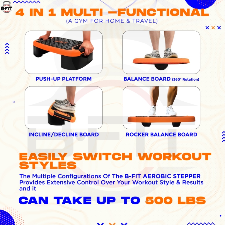B Fit 4-In-1 Aerobic Step Platform - Adjustable Multifunctional Balance Board Steppers for Exercise Stepper Platform - Home Workout Step Up Exercise Step Platform For Balance Gym Class Non Slip