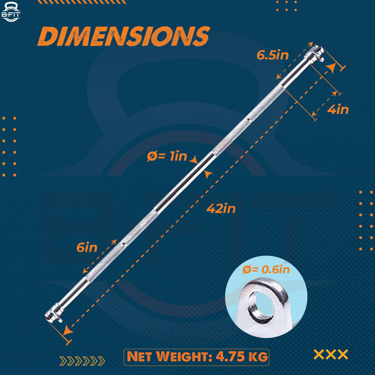 B Fit 42 Straight Lat Pull Down Bar with Revolving Hook with Snap Hook for Dual Pulley Cable Machines Functional Trainer Multi-Purpose Attachment