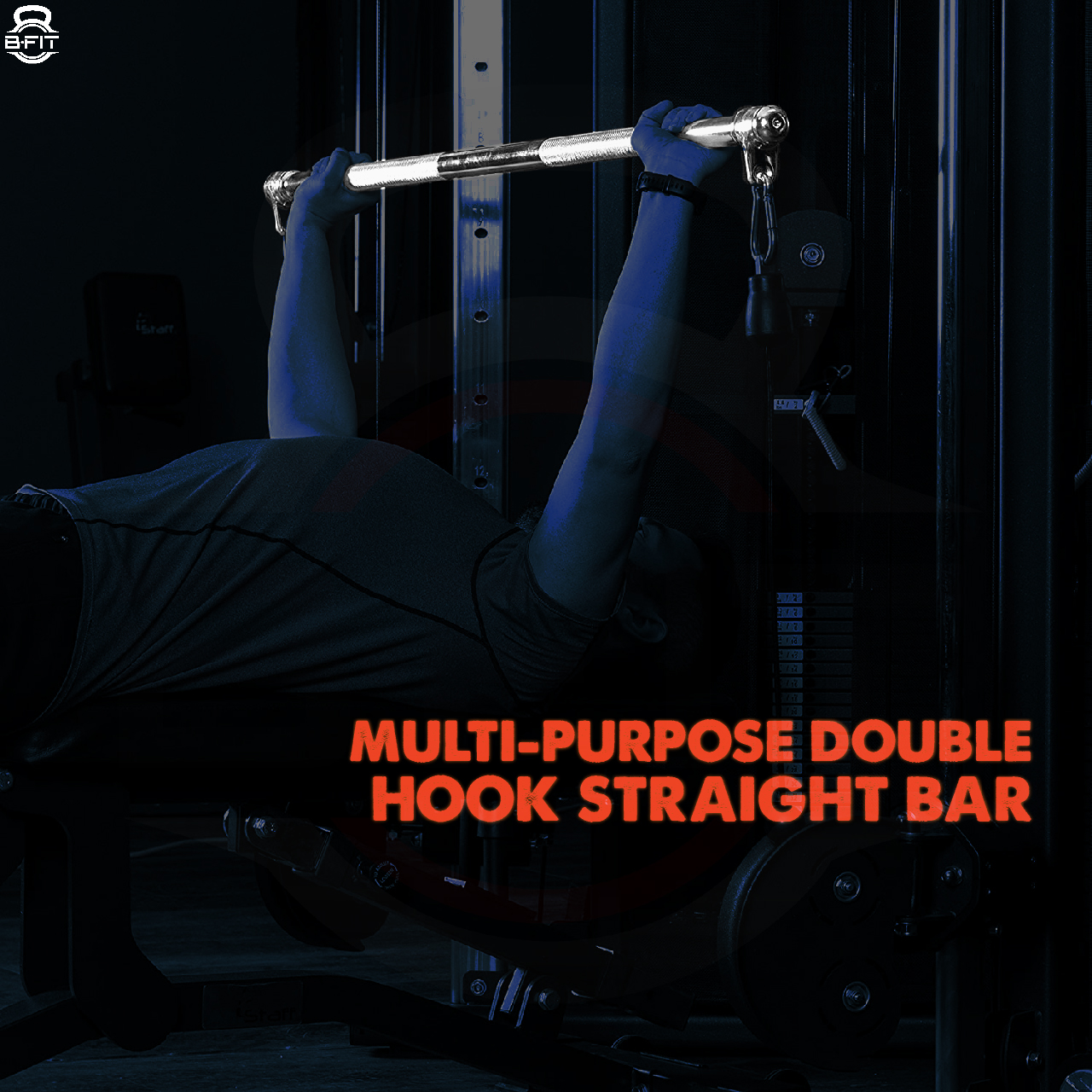 B Fit 42 Straight Lat Pull Down Bar with Revolving Hook with Snap Hook for Dual Pulley Cable Machines Functional Trainer Multi-Purpose Attachment