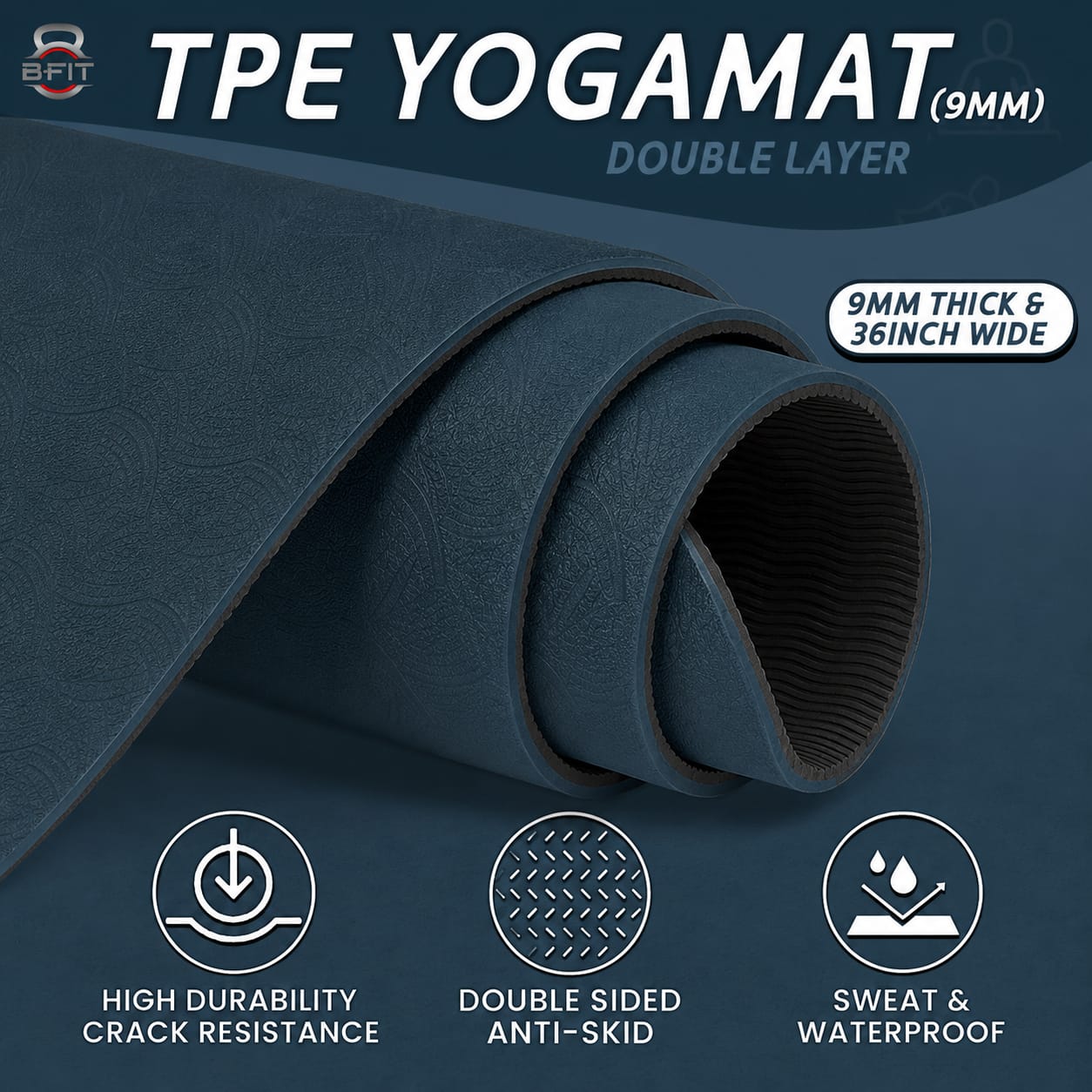 B Fit  Extra Wide 36x72 Inch 9 MM Thick Premium TPE Yoga Mat with Alignment Printed Dark Blue -Black  Color   - Classic Pro Yoga Mat Eco Friendly Non Slip Fitness Exercise Mat with Smart Carry Bag-Workout Mat for Yoga Pilates and Floor Exercises