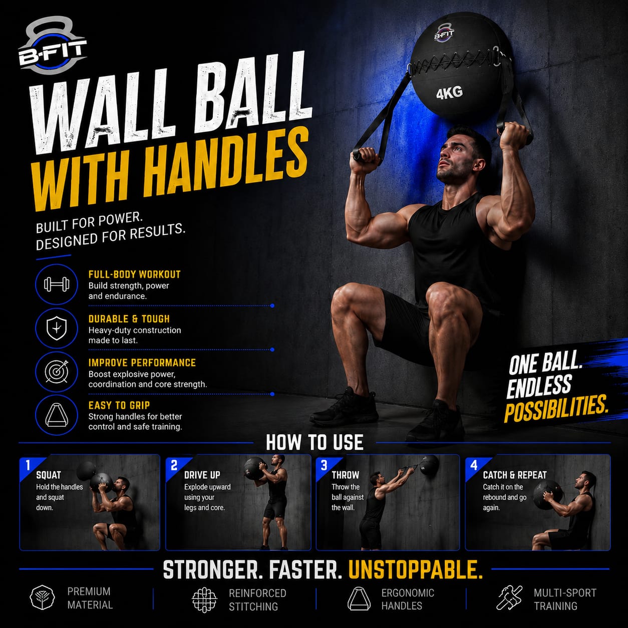 B fit Wall Ball with Handles 8 Kg Weighted Exercise Ball for Dynamic Home Gym HIIT Workouts Build Strength Power Endurance Cardio Fitness Soft Leather Heavy Duty Material Comfortable Grip Balanced Weight