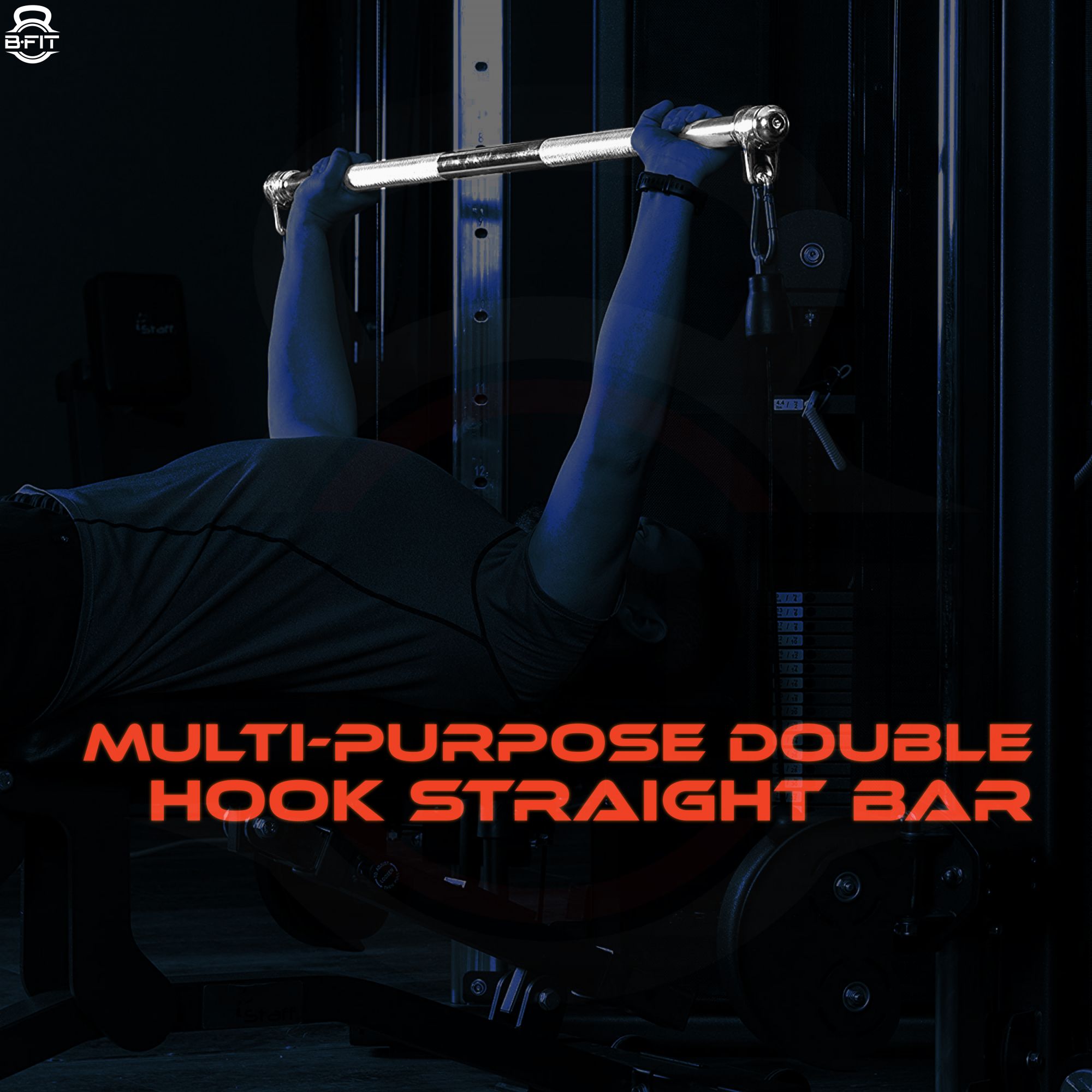 B Fit 48 Straight Lat Pull Down Bar with Revolving Double Hook for Dual Pulley Cable Machines Functional Trainer Multi-Purpose Attachment