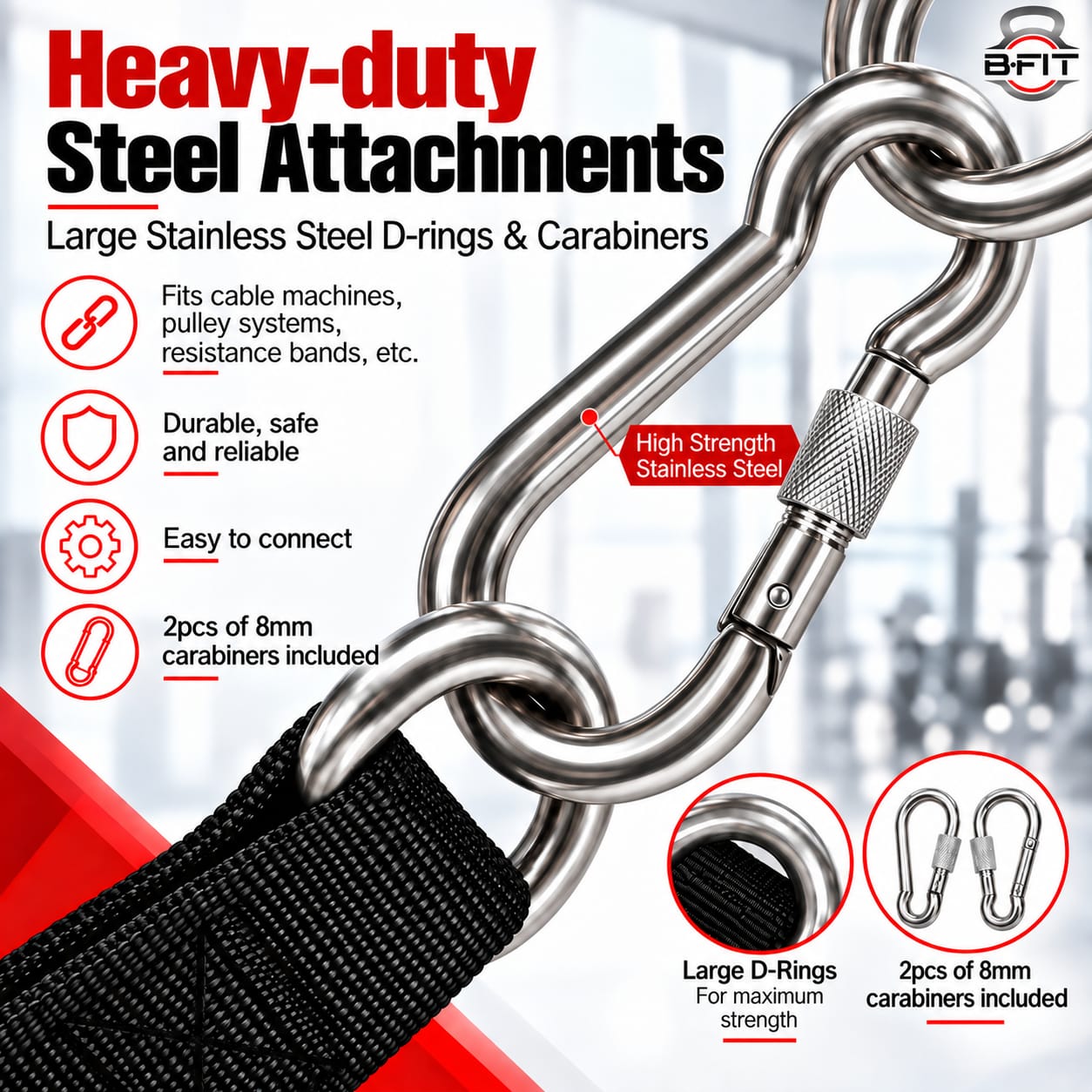 B Fit Heavy Duty Nylon Gym Handle with steel pipe and  snap hooks 8MM Pair