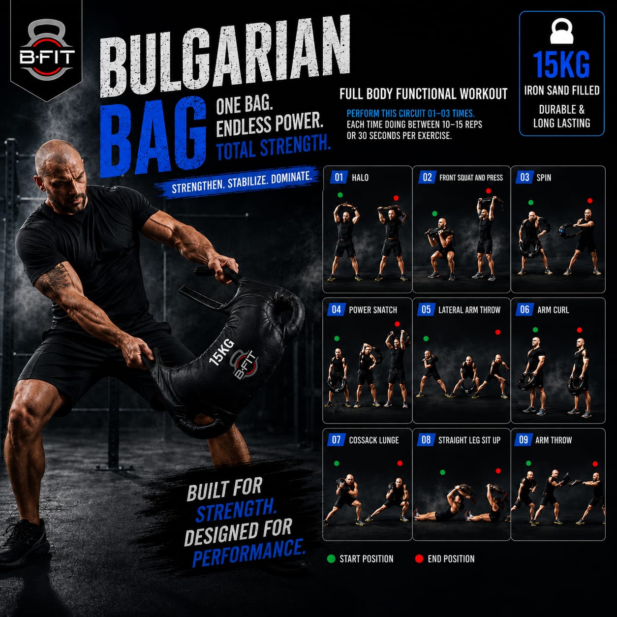 B Fit Upgraded Bulgarian Bag 15 Kg for Fitness Gym Training Cross fit Wrestling Judo Grappling MMA Full Body Workout