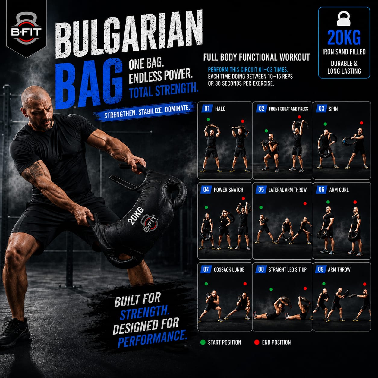 B Fit Upgraded Bulgarian Bag 20 Kg for Fitness Gym Training Cross fit Wrestling Judo Grappling MMA Full Body Workout