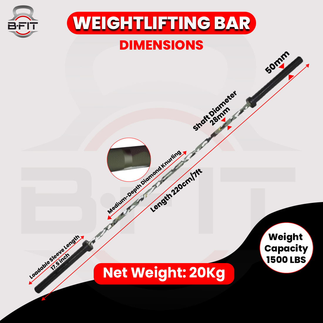 B Fit Olympic Barbell 7 Feet for Home Commercial Gym 1500-Pound Capacity With Collars