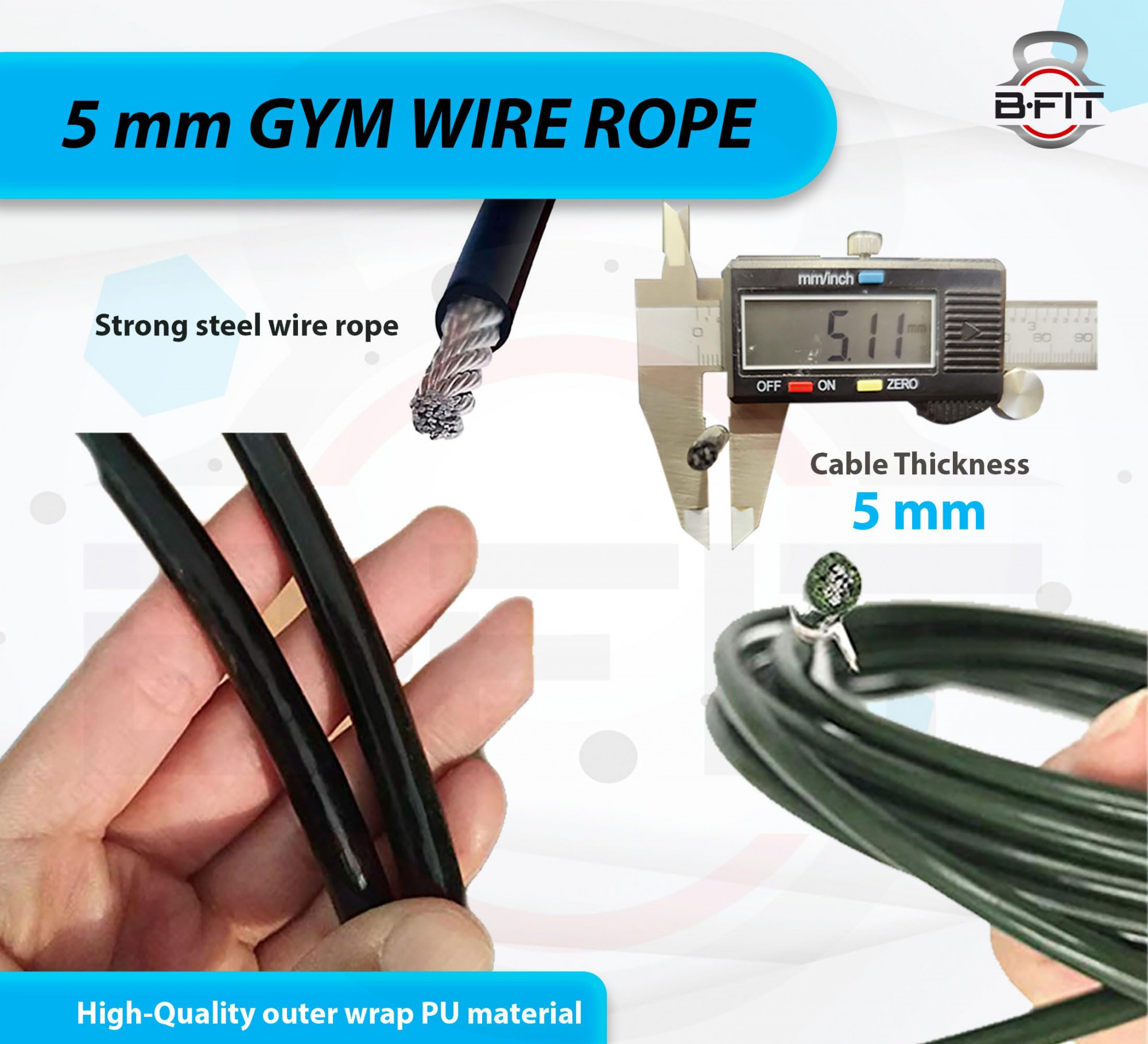 B Fit Gym Wire Rope 5 MM Thick Material PU Polyurethane Coated Black Color Cable Inside Steel