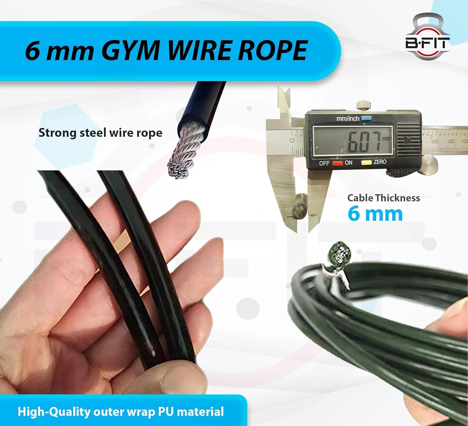 B Fit Gym Wire Rope 6 MM Thick length Material PU Polyurethane Coated Black Color Cable Inside Steel