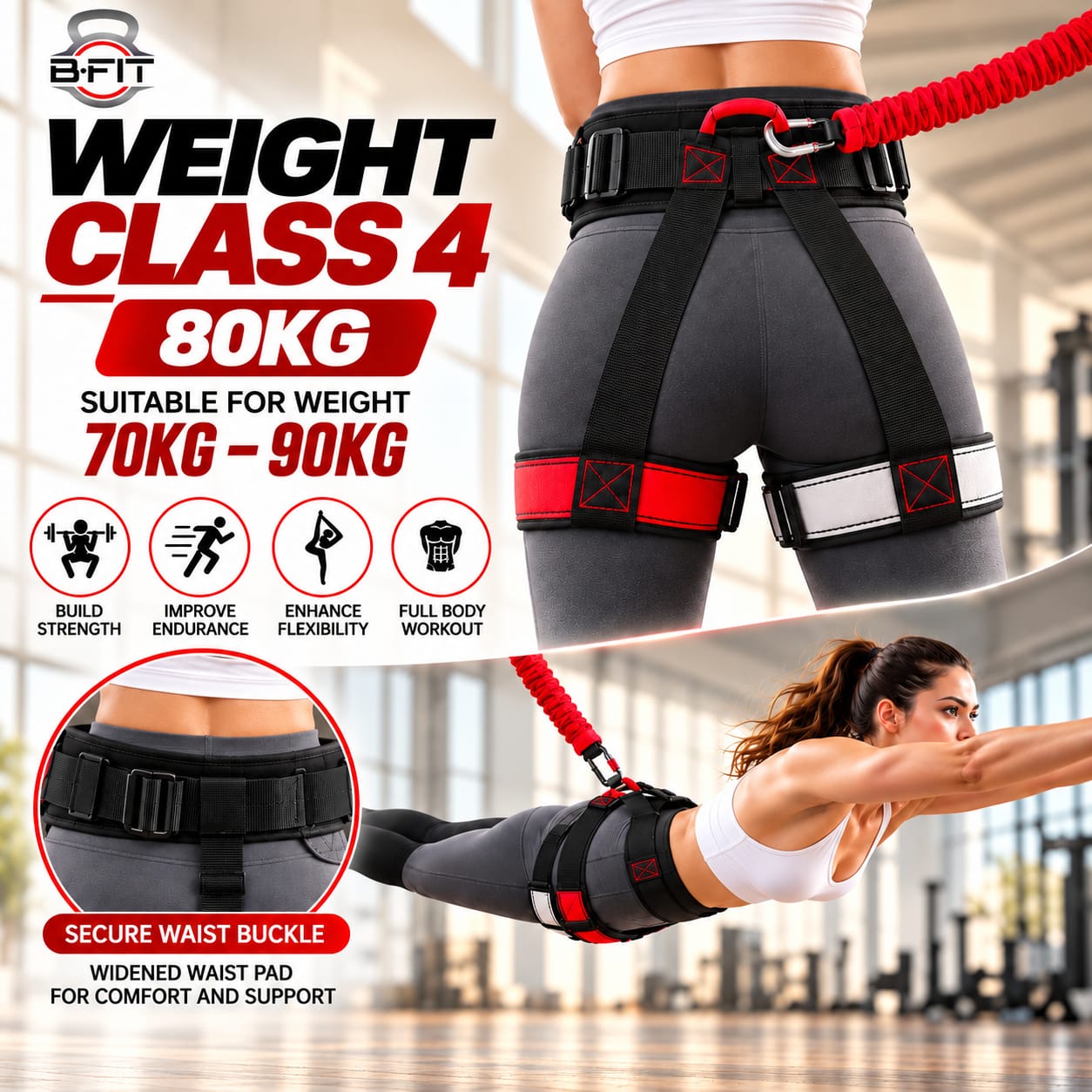 B Fit Upgraded Version Heavy Bungee Resistance Band Set Gravity Yoga Bungee Cord Resistance Belt Set 4D Bungee Dance Rope Workout Fitness Home Gym Professional Training Equipment 80 Kgs