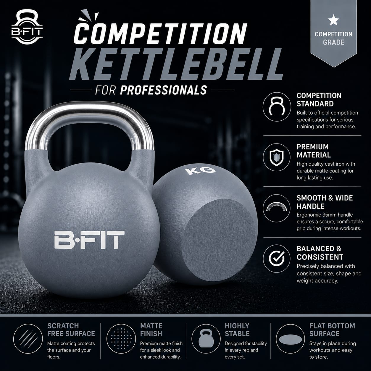 B Fit Matte Finish Competition Kettlebell 20 Kg Weight Workout Gym Equipment and Strength training sets for Women and Men for Home Gym - Suitable for Repetition Workouts